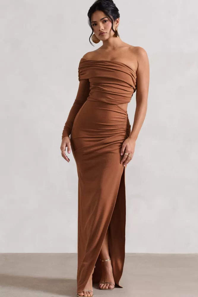 Club L London Ecuador | Crinkle Asymmetric One-Sleeve Cut-Out Maxi Dress CAMEL Outlet