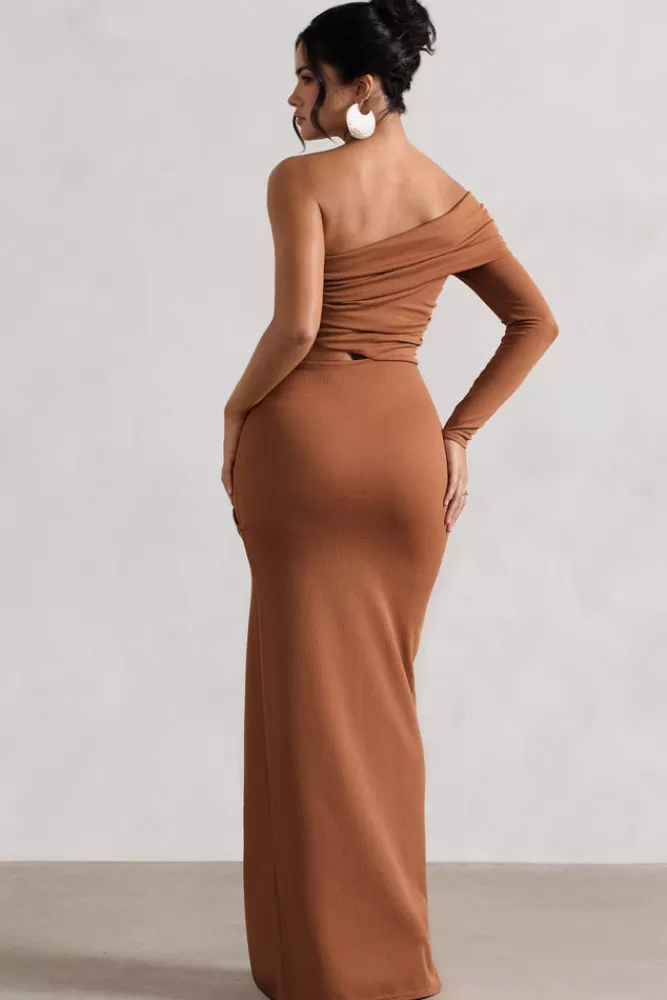 Club L London Ecuador | Crinkle Asymmetric One-Sleeve Cut-Out Maxi Dress CAMEL Outlet