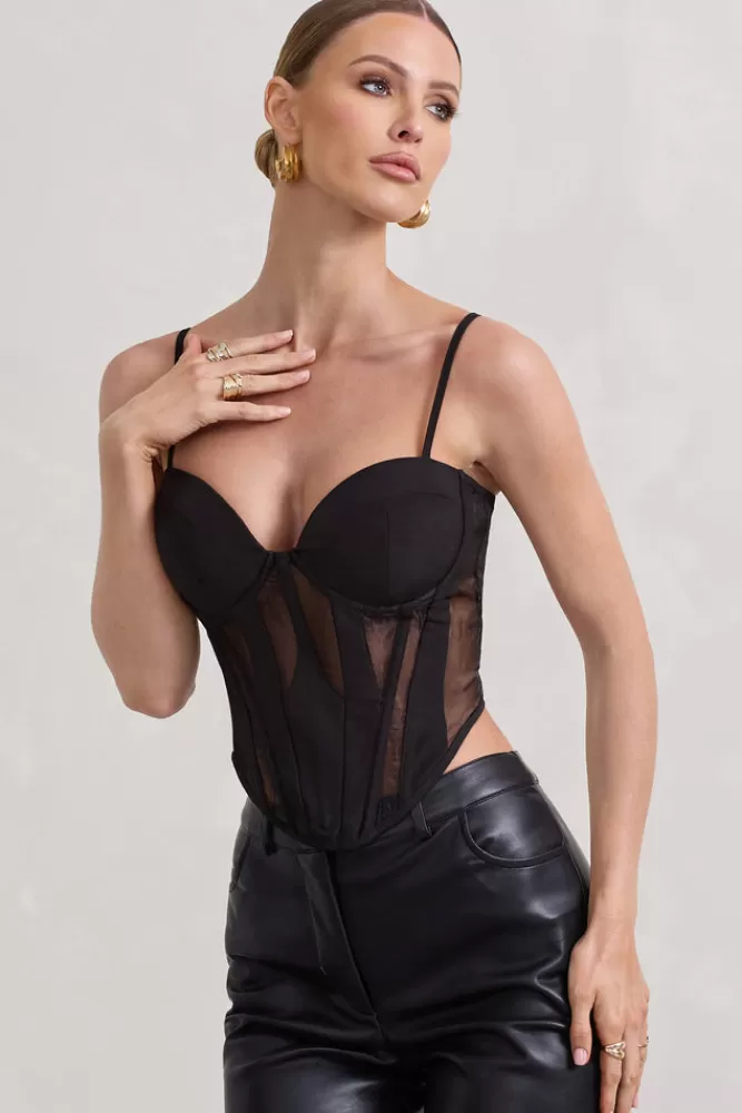 Club L London Electra | Mesh Panelled Strappy Corset Top BLACK Shop
