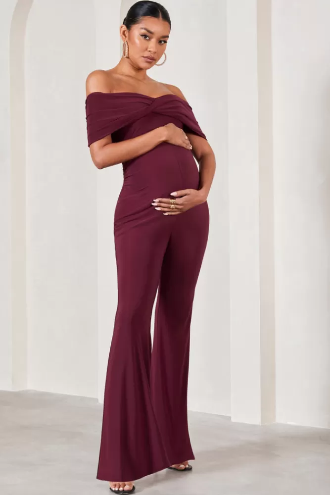 Club L London Elisa | Bardot Flared-Leg Maternity Jumpsuit BURGUNDY Outlet