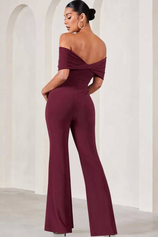 Club L London Elisa | Bardot Flared-Leg Maternity Jumpsuit BURGUNDY Outlet