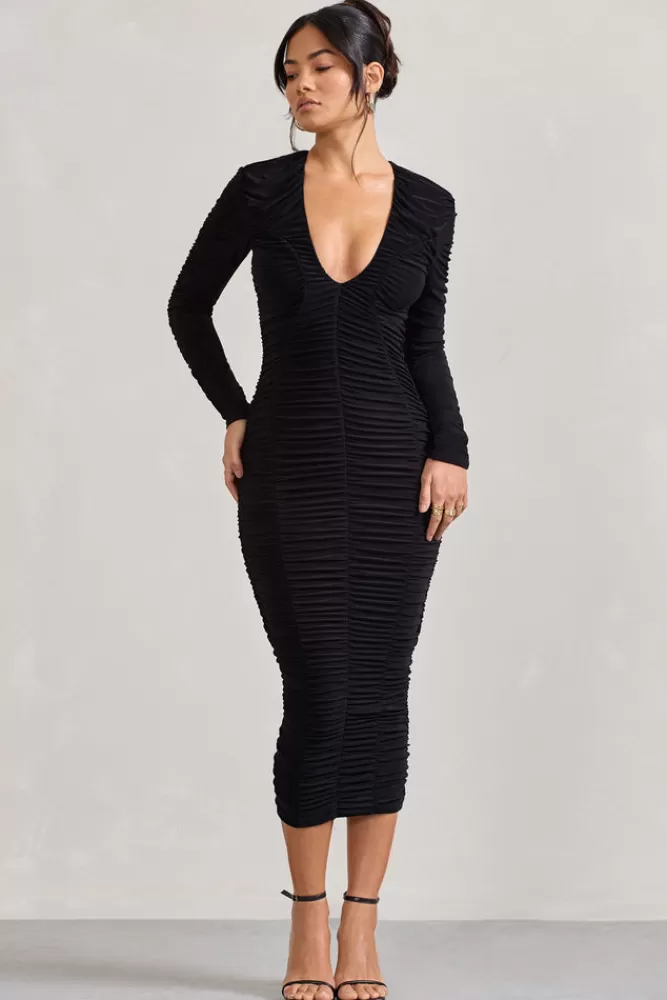Club L London Elisabeth | V-Neck Long-Sleeved Midi Dress BLACK Best Sale