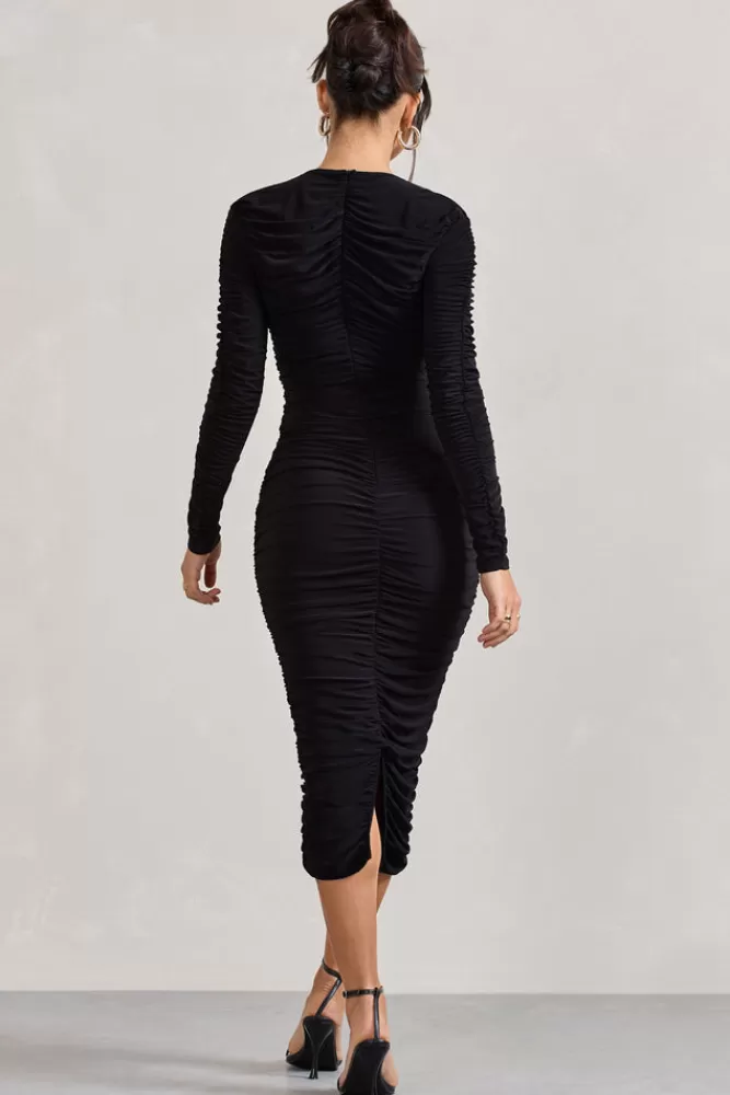 Club L London Elisabeth | V-Neck Long-Sleeved Midi Dress BLACK Best Sale