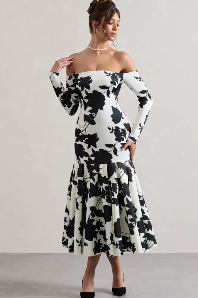 Club L London Elite | Cream Floral Print Bardot Maxi Dress With Volume Hem MONOFLORAL Store