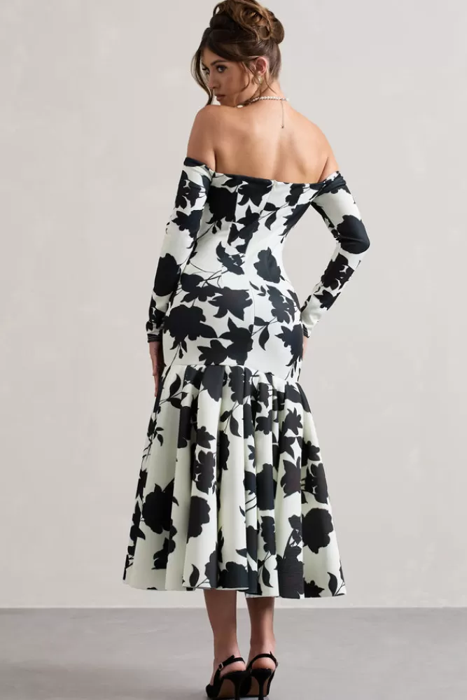 Club L London Elite | Cream Floral Print Bardot Maxi Dress With Volume Hem MONOFLORAL Store