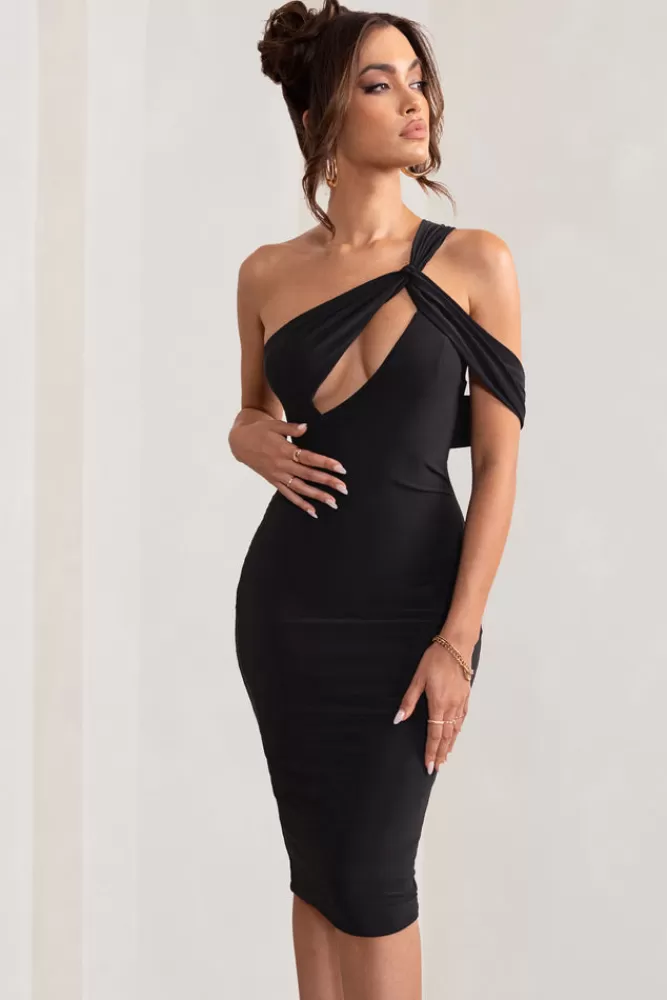 Club L London Ella | Asymmetric Neck Cut Out Midi Dress BLACK Store