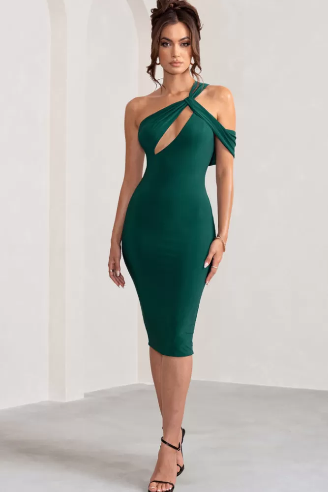 Club L London Ella | Bottle Green Asymmetric Neck Cut Out Midi Dress BOTTLEGREEN Best Sale