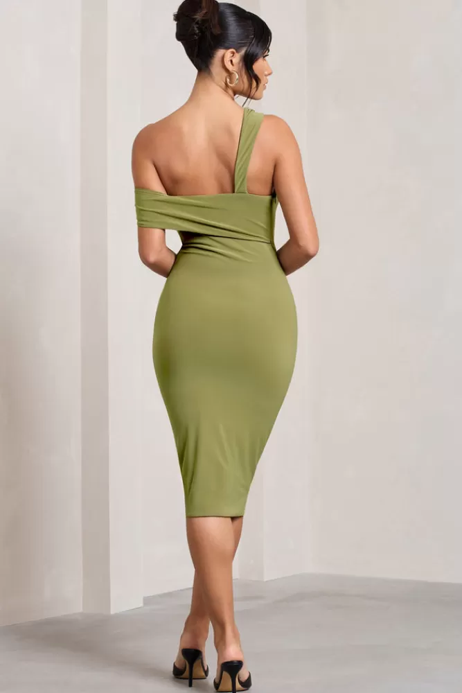 Club L London Ella | Asymmetric Neck Cut Out Midi Dress OLIVE Best