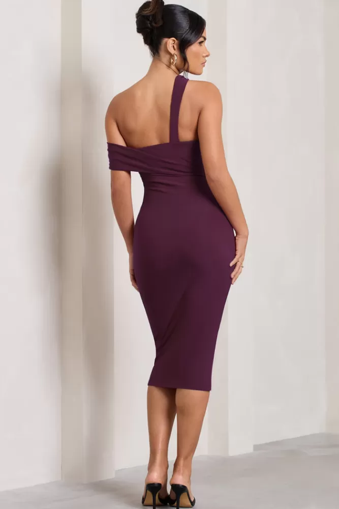 Club L London Ella | Asymmetric Neck Cut Out Midi Dress PLUM Clearance