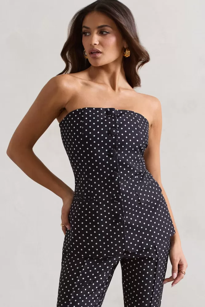 Club L London Elliana | Black Polka Dot Strapless Button Front Tailored Top BLACKBASEPOLKA Hot