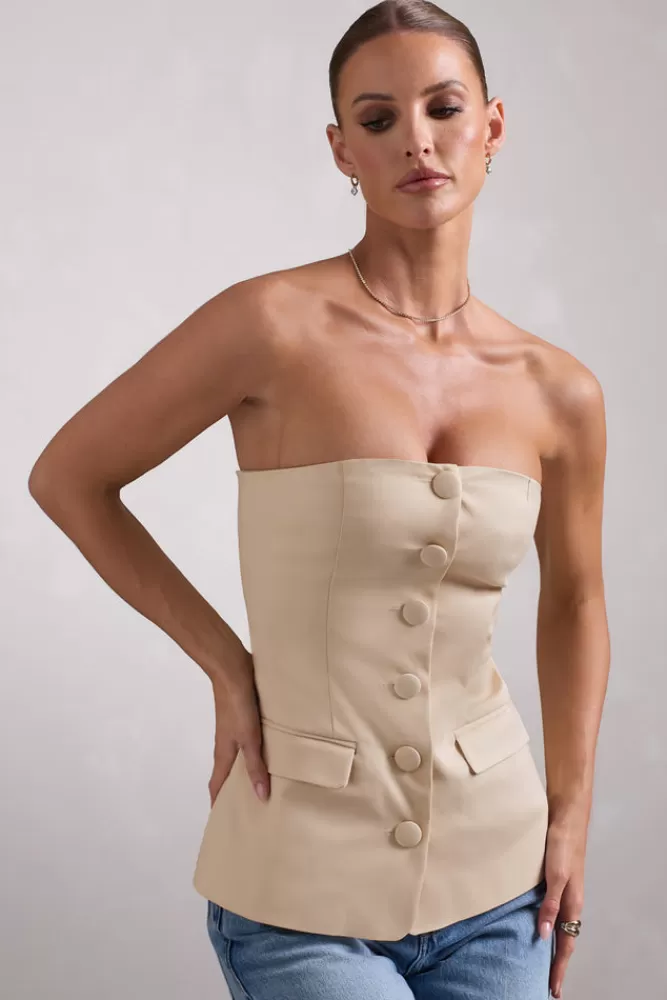 Club L London Elliana | Strapless Button Front Tailored Top STONE Best