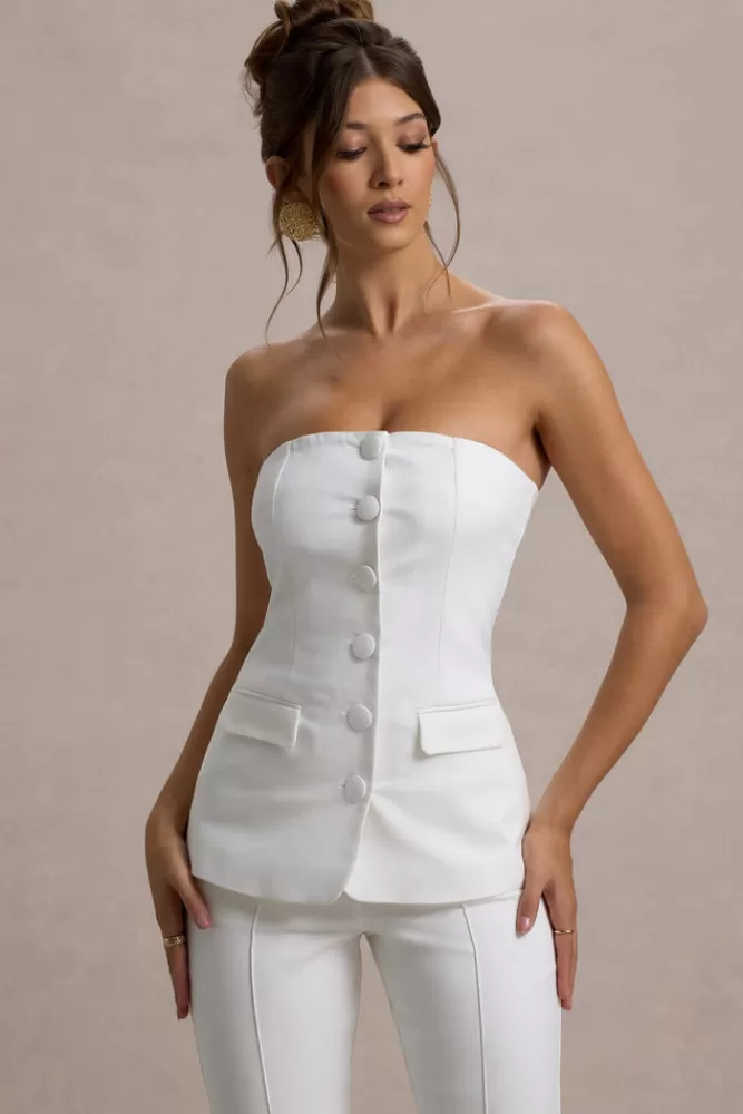 Club L London Elliana | Strapless Button Front Tailored Top White Shop