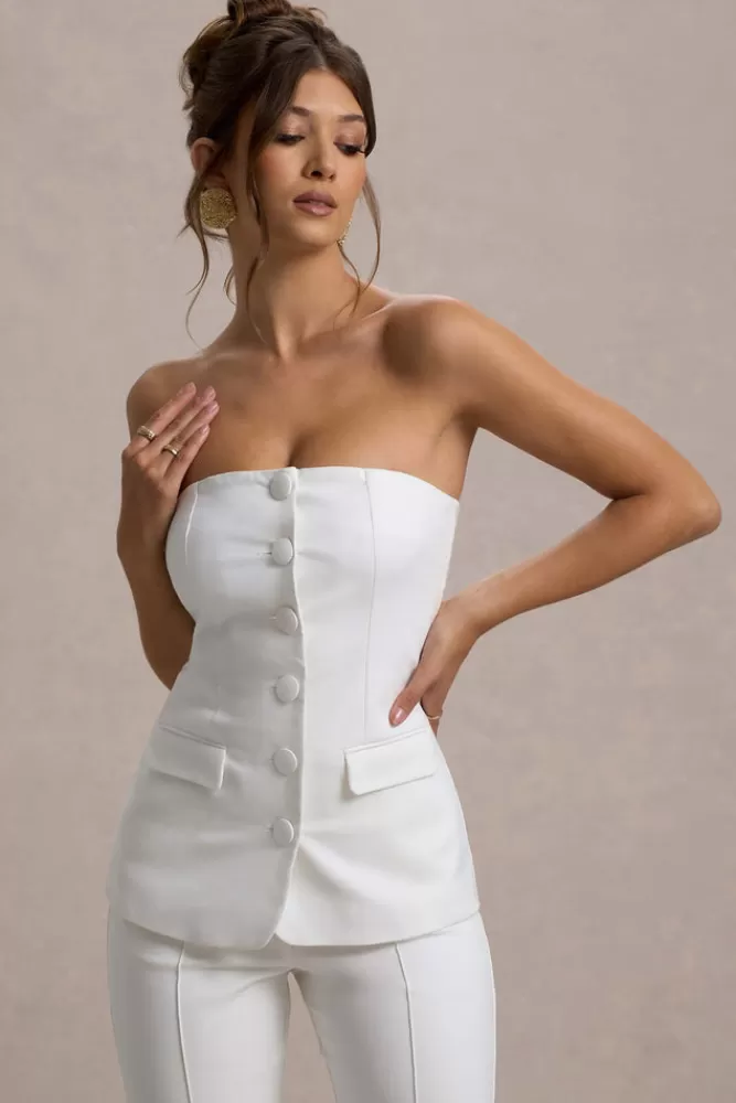 Club L London Elliana | Strapless Button Front Tailored Top White Shop