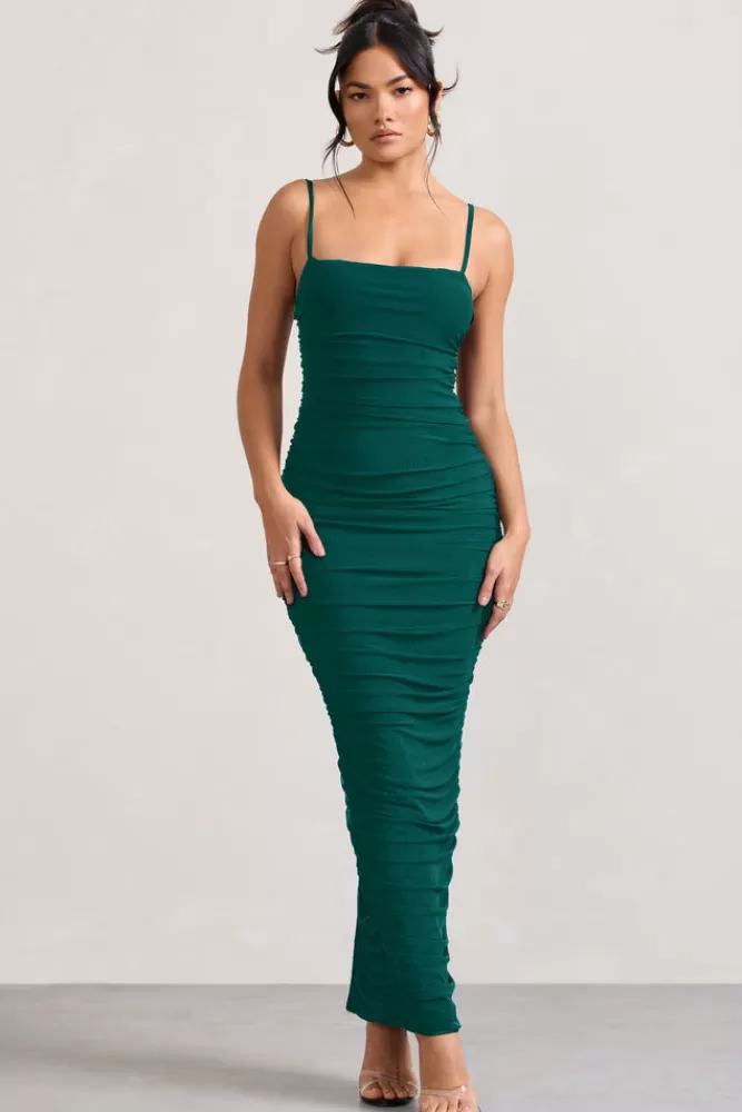 Club L London Ellis | Bottle Green Ruched Mesh Strappy Bodycon Maxi Dress BOTTLEGREEN Sale