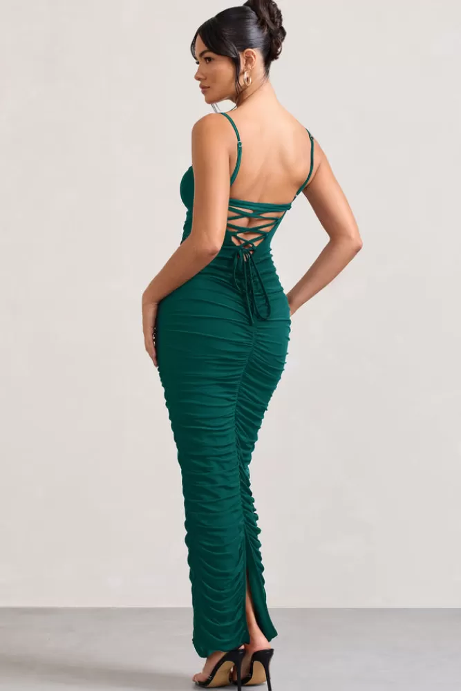 Club L London Ellis | Bottle Green Ruched Mesh Strappy Bodycon Maxi Dress BOTTLEGREEN Sale