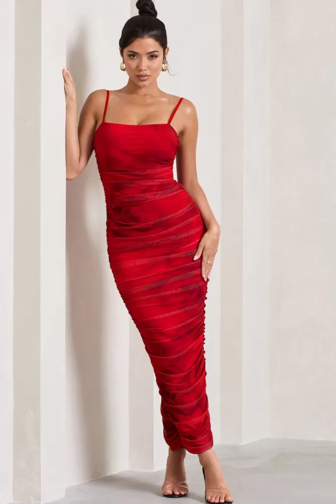 Club L London Ellis | Red Rose Printed Ruched Mesh Strappy Bodycon Maxi Dress REDROSEPRINT Hot