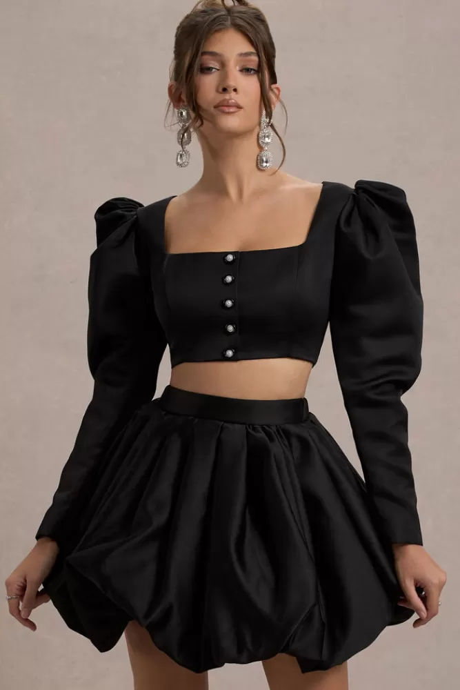 Club L London Eloisa | Satin Puff-Sleeve Cropped Jacket BLACK Clearance