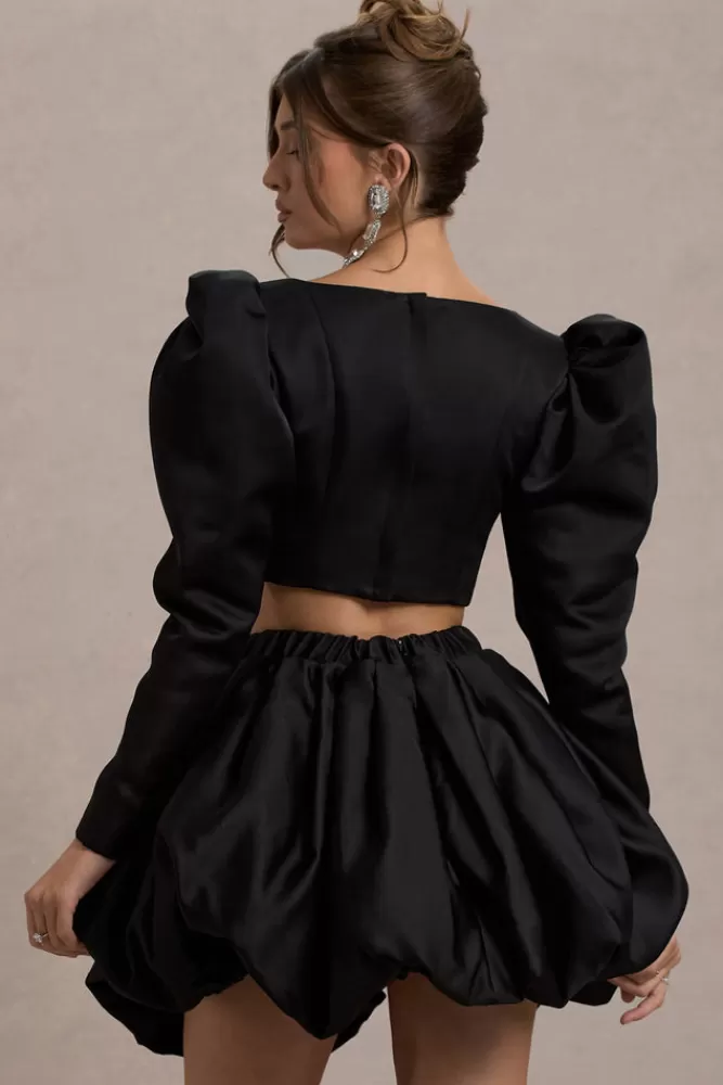 Club L London Eloisa | Satin Puff-Sleeve Cropped Jacket BLACK Clearance