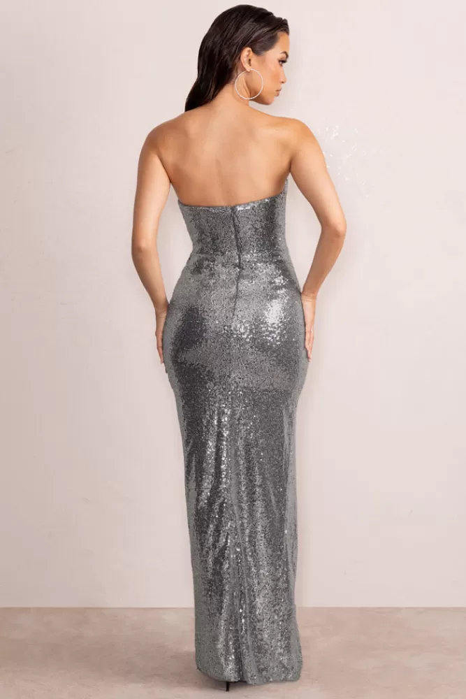 Club L London Eloriana | Sequin Bandeau Wrap Skirt Maxi Dress With Side Split Gunmetal Hot