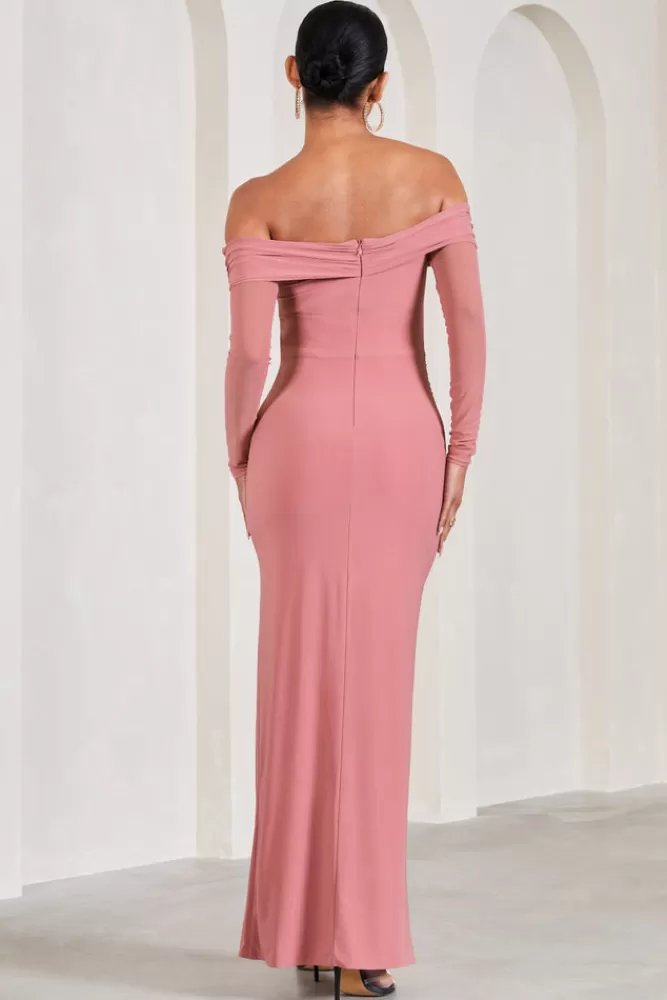 Club L London Elsie | Blush Pink Bardot Long-Sleeved Maternity Maxi Dress BLUSHPINK New