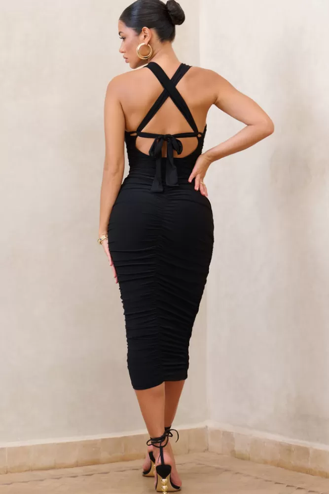 Club L London Embody | Cut Out Twist Front Ruched Midi Dress Black Best Sale
