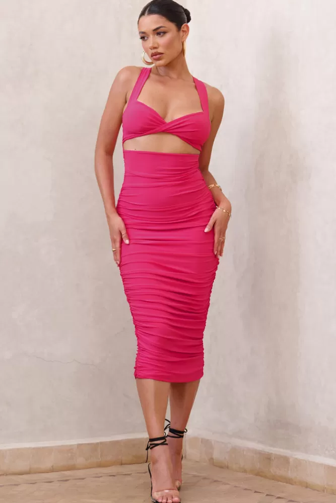 Club L London Embody | Hot Pink Cut Out Twist Front Ruched Midi Dress HOTPINK Cheap