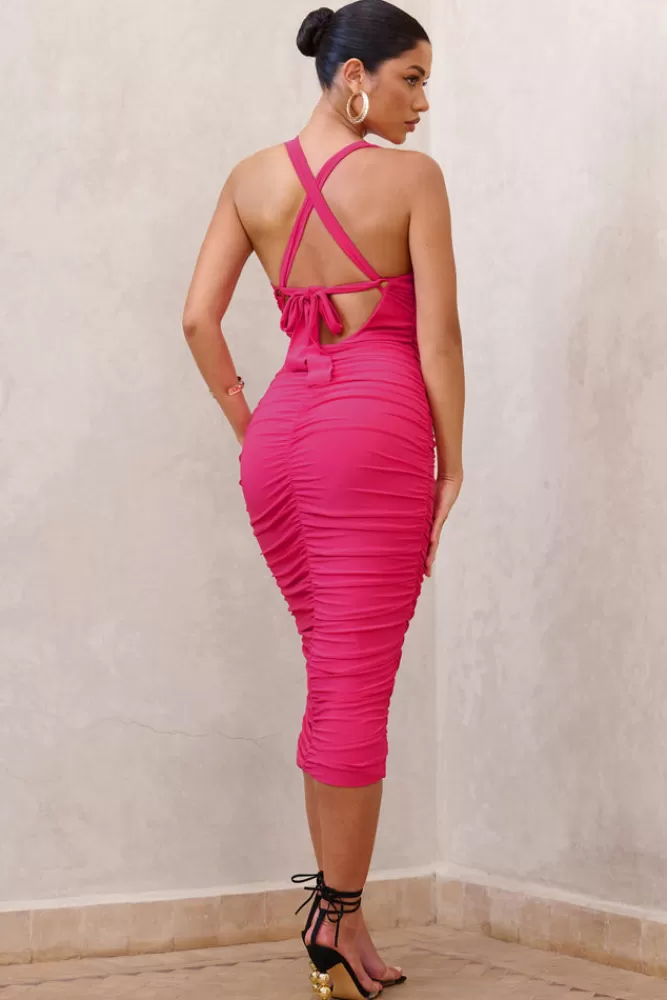 Club L London Embody | Hot Pink Cut Out Twist Front Ruched Midi Dress HOTPINK Cheap