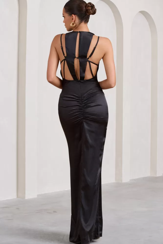 Club L London Emery | Satin Plunge Neck Strappy Back Maxi Dress BLACK Cheap