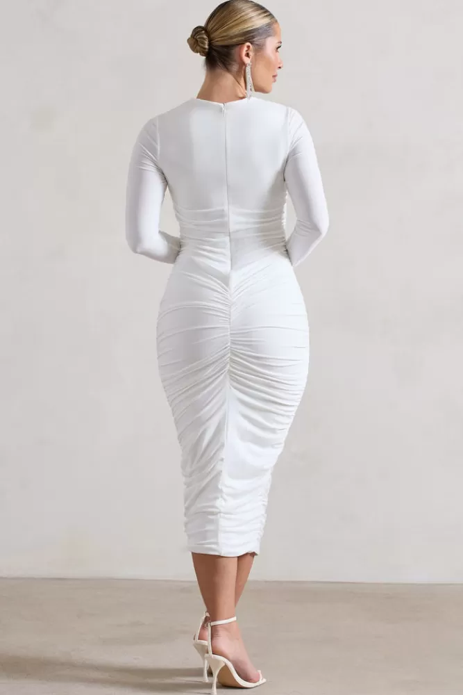 Club L London Emilie | Ruched Long-Sleeve Midi Dress WHITE Clearance