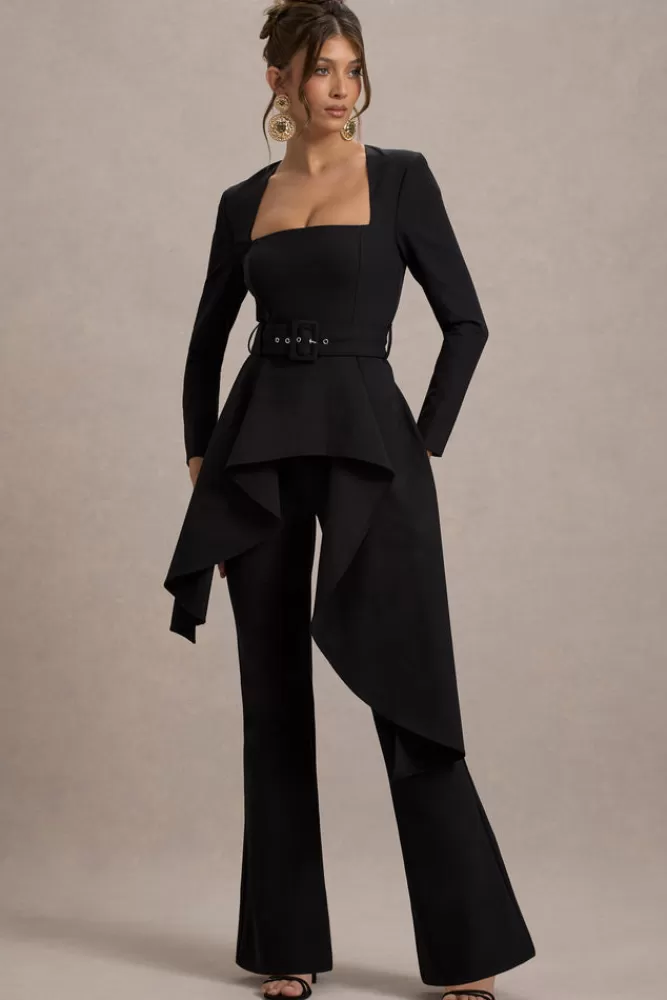 Club L London Eminent | Square-Neck Flared-Leg Jumpsuit With Draped Waist BLACK Discount