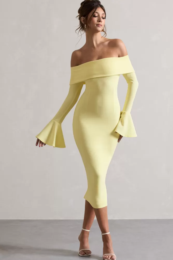 Club L London Emma | Lemon Bardot Flared-Sleeve Midi Dress DUCKLING Cheap