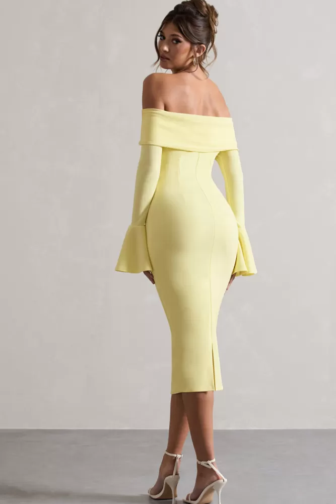 Club L London Emma | Lemon Bardot Flared-Sleeve Midi Dress DUCKLING Cheap