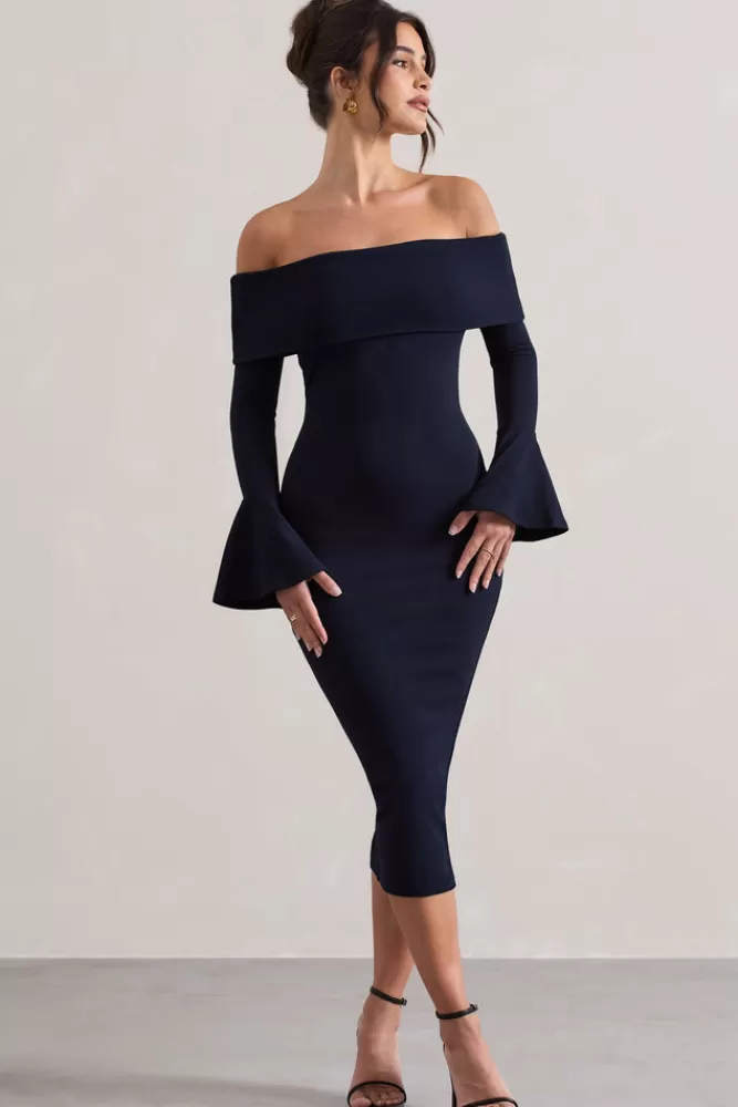 Club L London Emma | Bardot Flared-Sleeve Midi Dress NAVY Hot