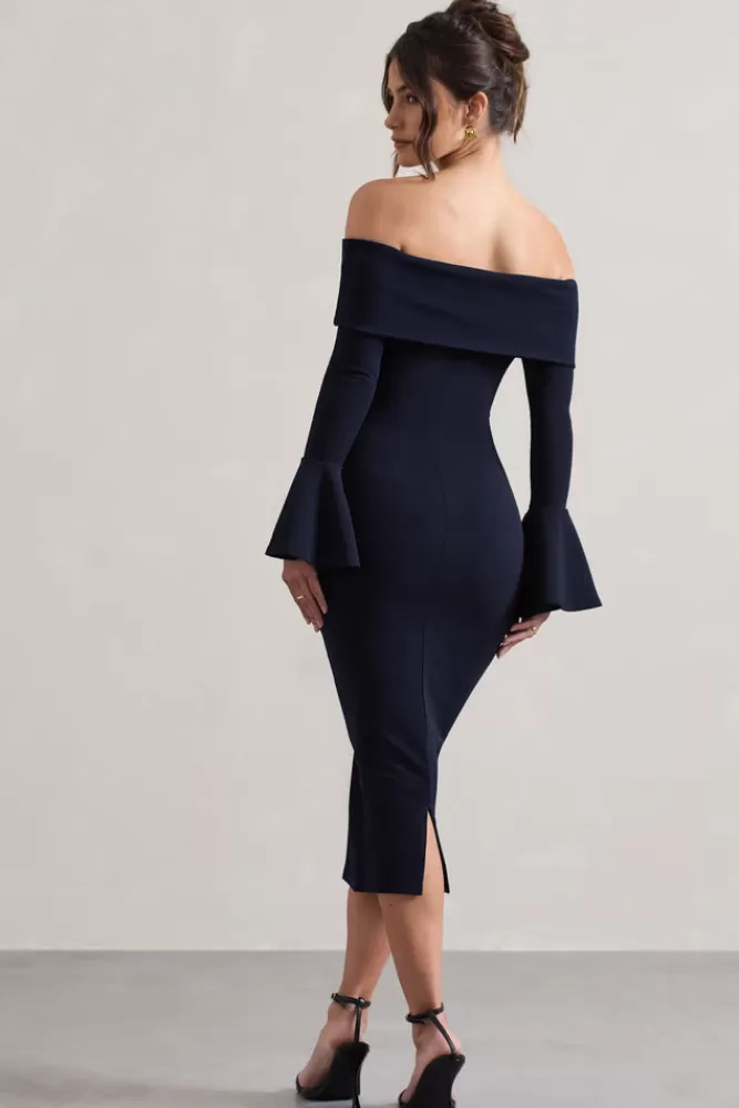 Club L London Emma | Bardot Flared-Sleeve Midi Dress NAVY Hot