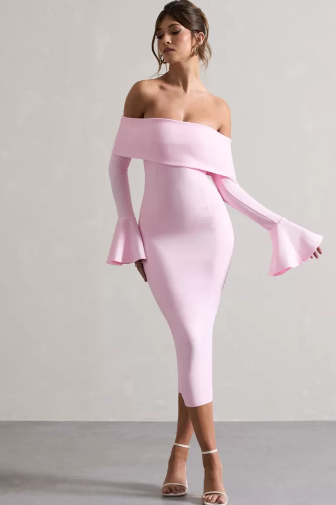 Club L London Emma | Pink Bardot Flared-Sleeve Midi Dress PINKTULLE Fashion