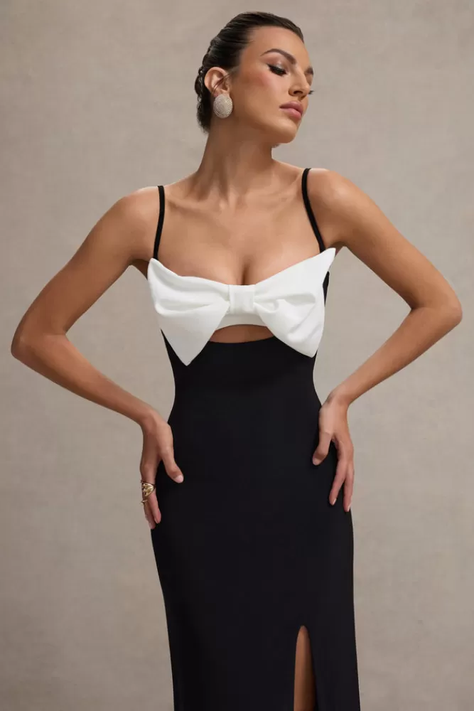 Club L London Emmalou | Black u0026 White Strappy Split Maxi Dress With Bow BLACKANDWHITE Outlet