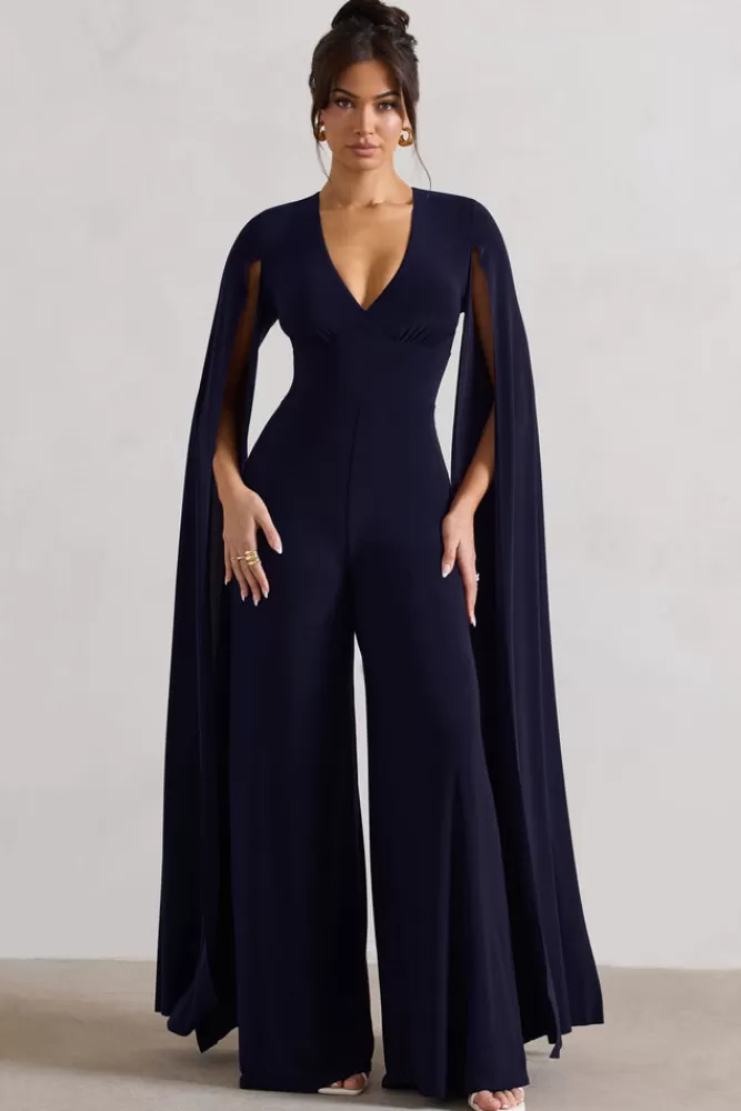 Club L London Emmanuela | Plunge-Neck Wide-Leg Jumpsuit With Cape Sleeves NAVY Best Sale