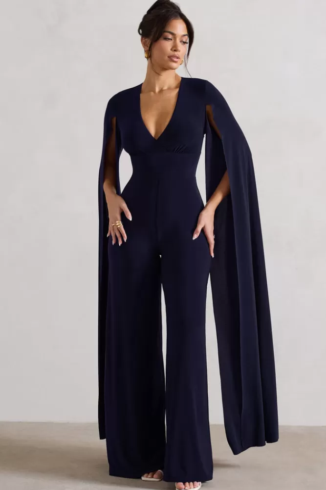 Club L London Emmanuela | Plunge-Neck Wide-Leg Jumpsuit With Cape Sleeves NAVY Best Sale