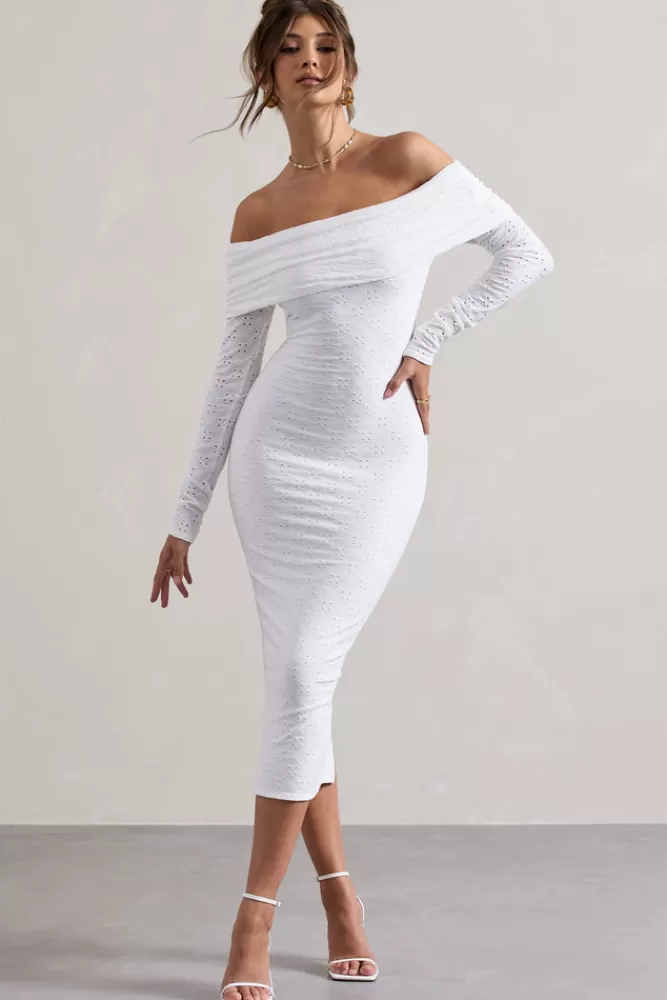 Club L London Emmeline | Jacquard Bardot Midi Dress WHITE Clearance