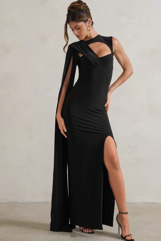 Club L London Emmey | Asymmetric Cut Out Maxi Dress With Statement Cape BLACK Flash Sale