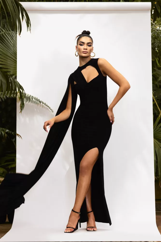 Club L London Emmey | Asymmetric Cut Out Maxi Dress With Statement Cape BLACK Flash Sale