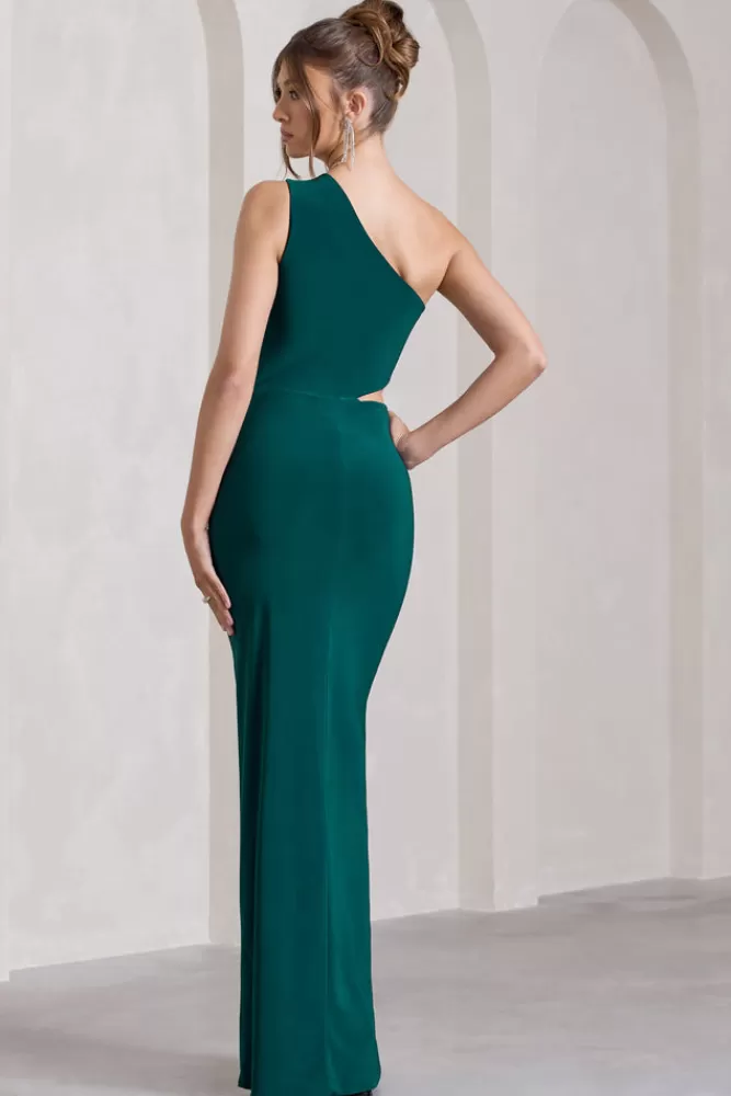Club L London Emmy | Bottle Green One Shoulder Cut-Out Split Maxi Dress BOTTLEGREEN Cheap