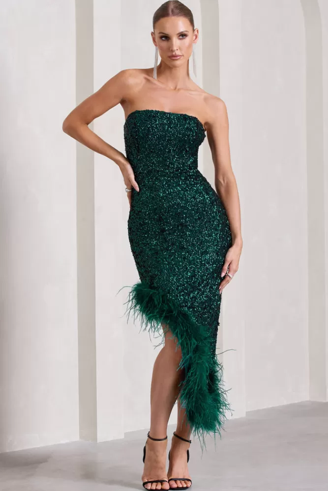 Club L London Emulate | Bottle Green Sequin Asymmetric Bandeau Maxi Dress With Feathers BOTTLEGREEN Flash Sale