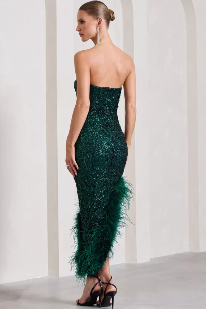 Club L London Emulate | Bottle Green Sequin Asymmetric Bandeau Maxi Dress With Feathers BOTTLEGREEN Flash Sale