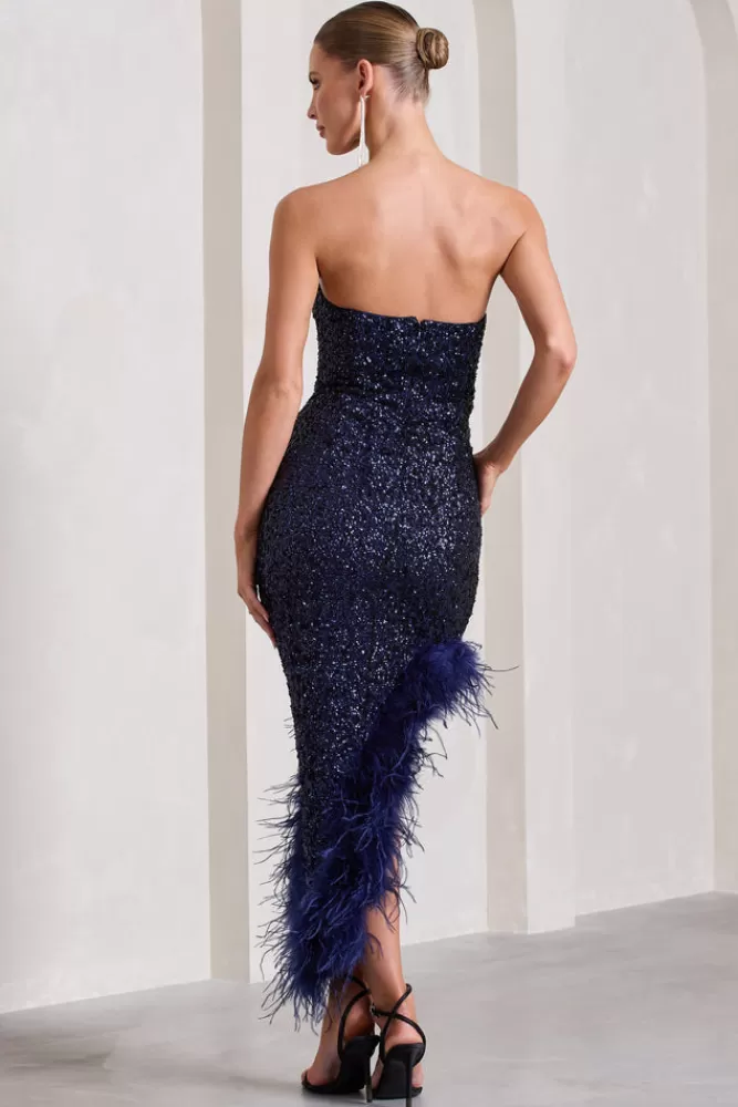 Club L London Emulate | Sequin Asymmetric Bandeau Maxi Dress With Feathers NAVY Shop