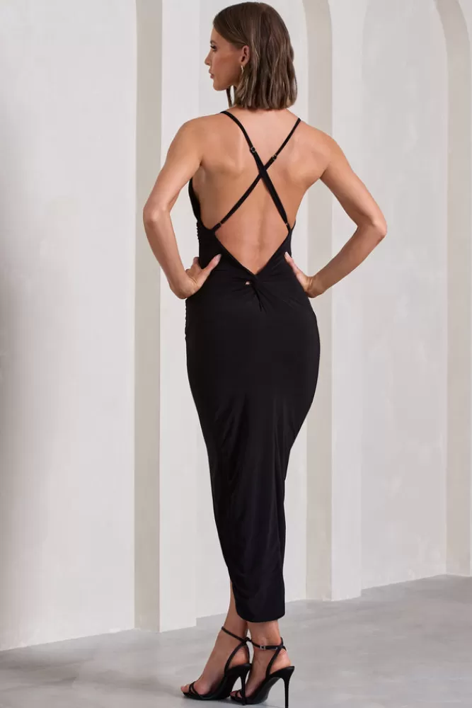 Club L London Enamour | Strappy Plunge-Neck Wrap Maxi Dress BLACK Cheap