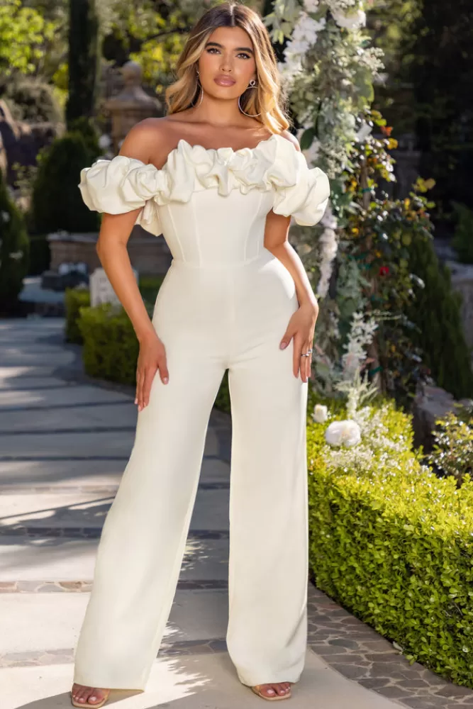 Club L London Enchanted | Ivory Puff Bardot Wide Leg Jumpsuit WHITE Discount