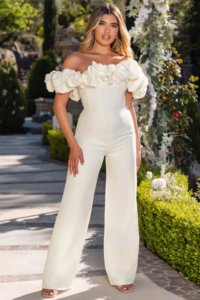 Club L London Enchanted | Ivory Puff Bardot Wide Leg Jumpsuit WHITE Discount