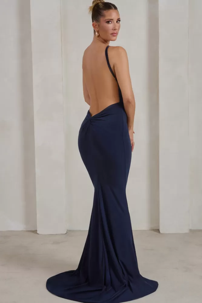 Club L London Endless Love | Backless Knot Detail Fishtail Maxi Dress NAVY Flash Sale