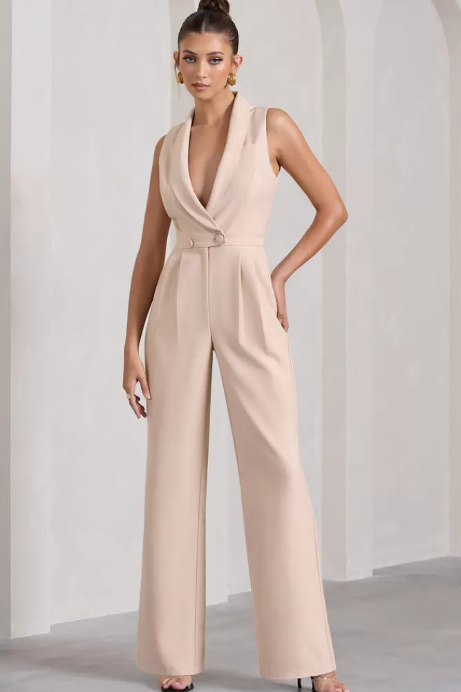 Club L London Endure | Tailored Sleeveless Wide-Leg Jumpsuit STONE Fashion